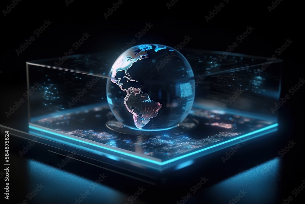 Poster a glass box with a glass globe inside of it on a table deep sea trench animation motion graphics gen