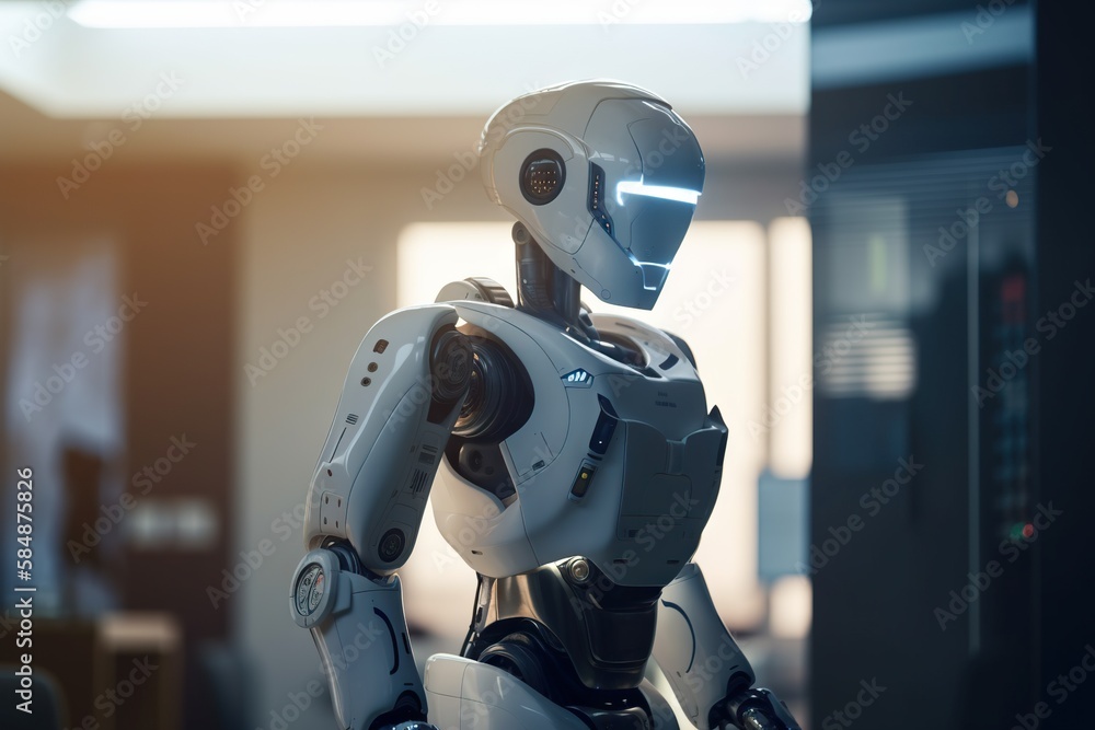 Poster a robot is standing in a room with a window in the background workshop animation robotics engineerin