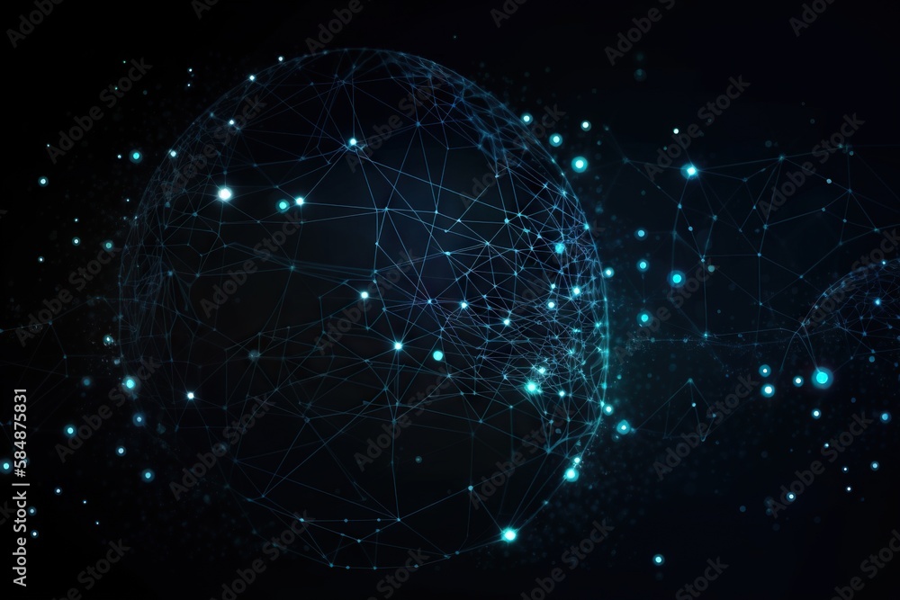 Poster a sphere with many dots and lines on it with a dark background deep sea trench animation blockchain 