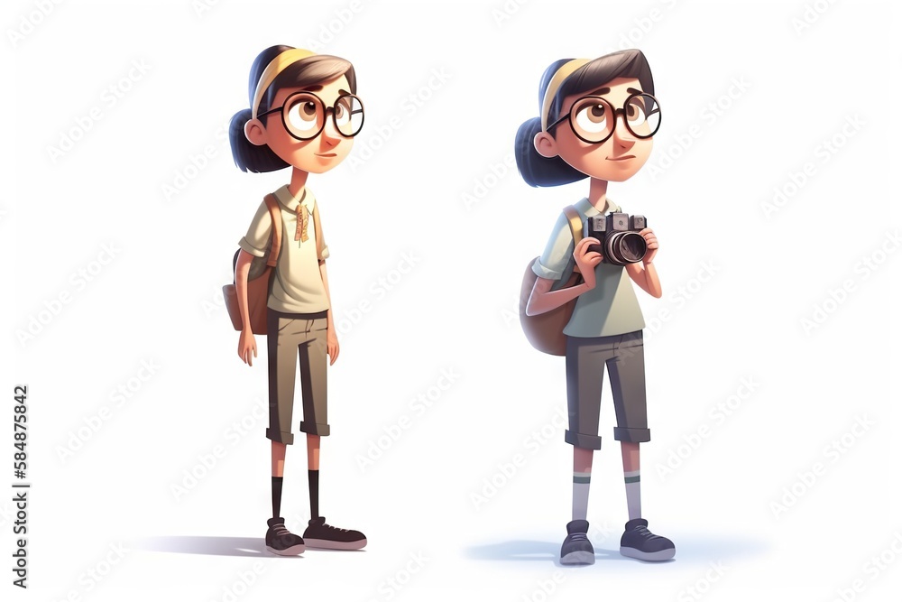 Poster a cartoon character with glasses and a camera in front of a white background park animation animatio