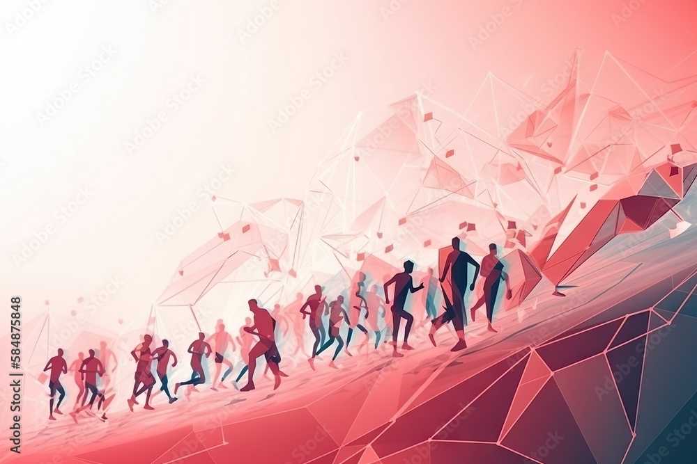 Poster a group of people walking across a red and white background with geometric shapes alpine ski run gra