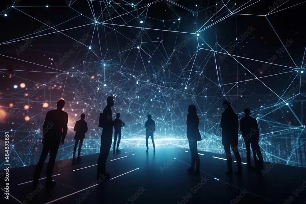 Poster a group of people standing in front of a dark background with lines deep sea trench video art supply