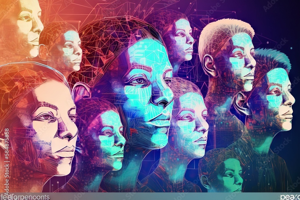 Poster a group of people with different facial expressions and lines of faces workshop digital art computer