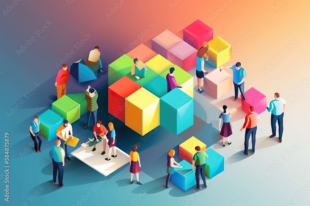 Aufkleber people standing around a colorful cube on a blue background with a pink and yellow background worksh