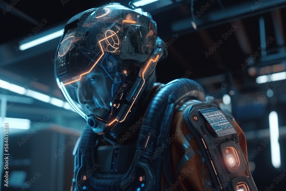 Poster a futuristic man in a futuristic suit with a futuristic helmet and a glowing light arcade animation 