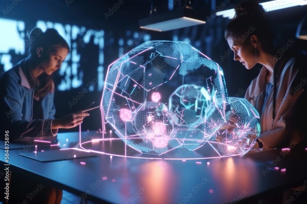Poster two people looking at a glowing object on a table in a dark room workshop animation motion graphics