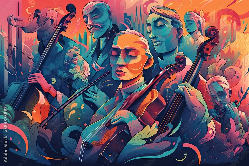 Poster a group of people playing instruments in a painting style with a red background concert hall fauvism