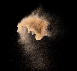 Small size fine Sand flying explosion, Golden grain wave explode. Abstract cloud fly. Yellow...