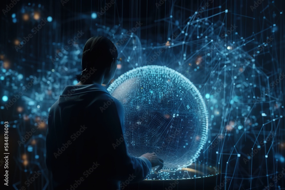 Poster a person standing in front of a sphere with lines and dots workshop animation data analytics generat