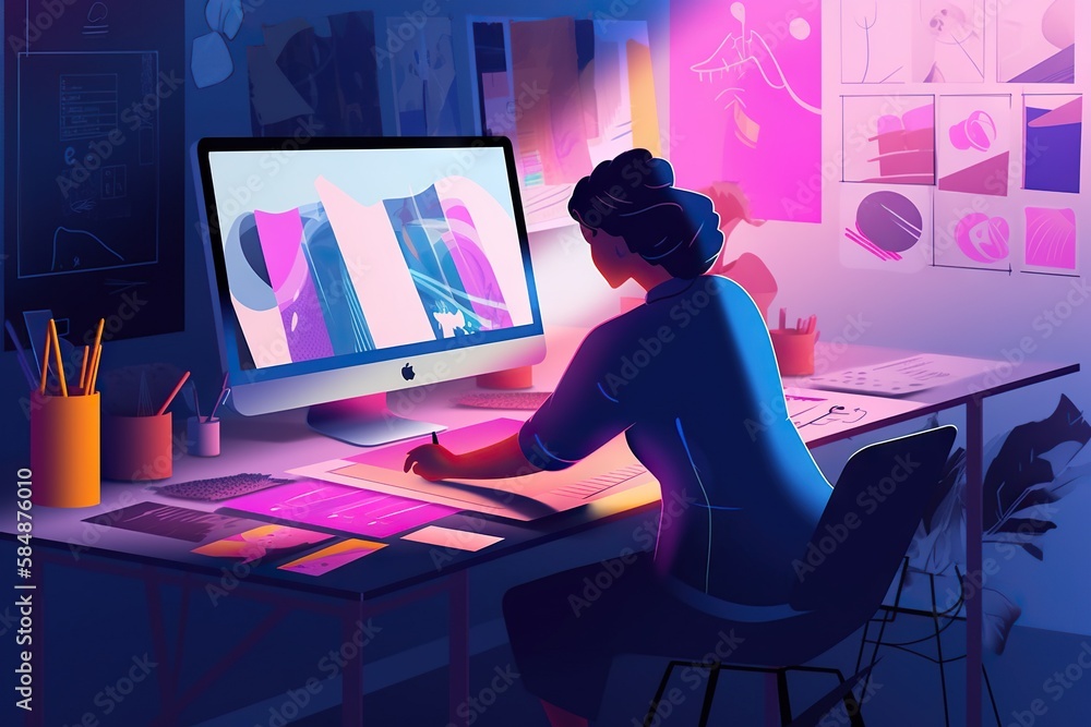 Poster a woman sitting at a desk with a computer and a monitor workshop graphic design motion graphics gene