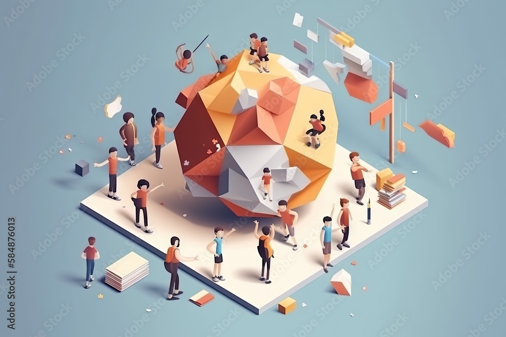 Poster a group of people standing around a large ball of paper on a table workshop graphic design infograph