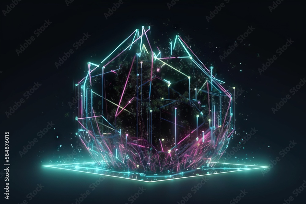Poster a futuristic object with neon lights and a black background with a blue and pink pattern deep sea tr