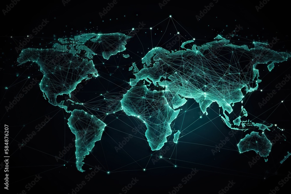 Poster a world map with a network of dots on it's side deep sea trench aerial photography supply chain opti