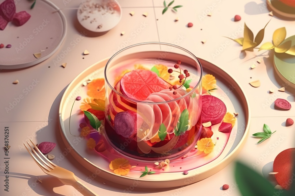 Poster a plate with a dessert on it with a fork and knife restaurant photorealism motion graphics generativ