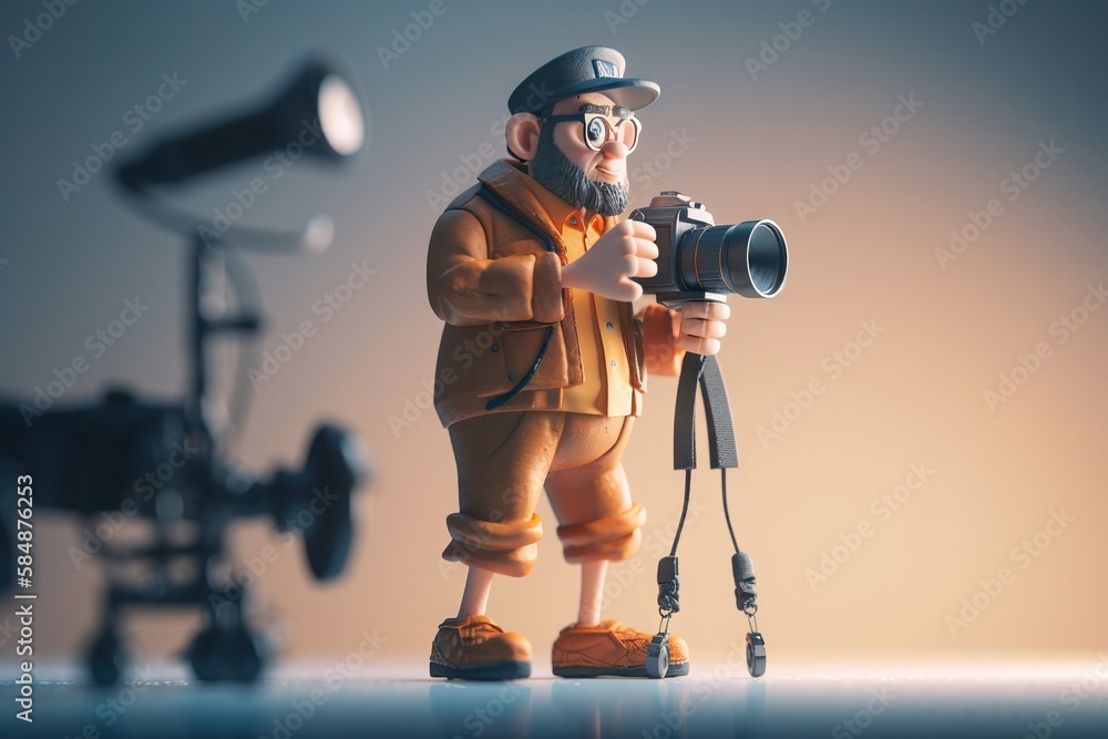 Poster a man with a camera and a tripod in front of him workshop animation animation filmmaking