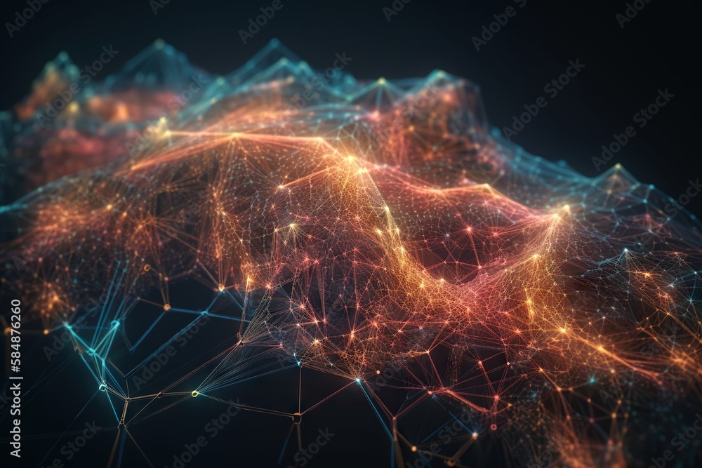 Poster a computer generated image of a mountain range with a network of lights deep sea trench animation mo