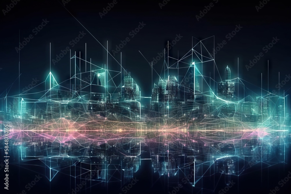 Poster a city with lines and lines on it and a dark background modern urban skyline video art motion graphi