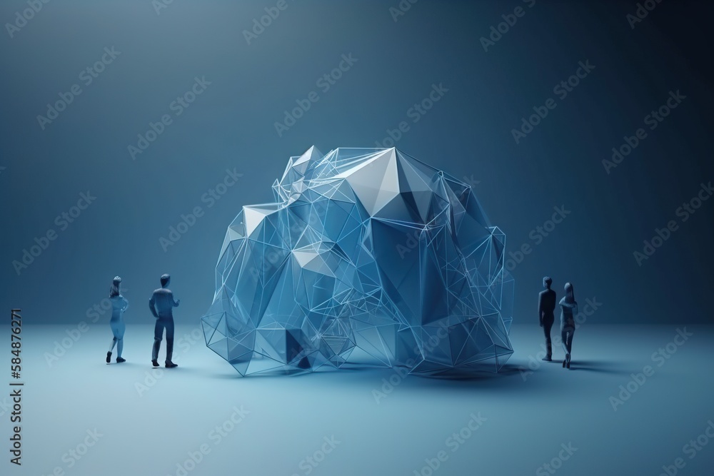 Poster a group of people standing around a large blue object with a low polygonal design deep sea trench in
