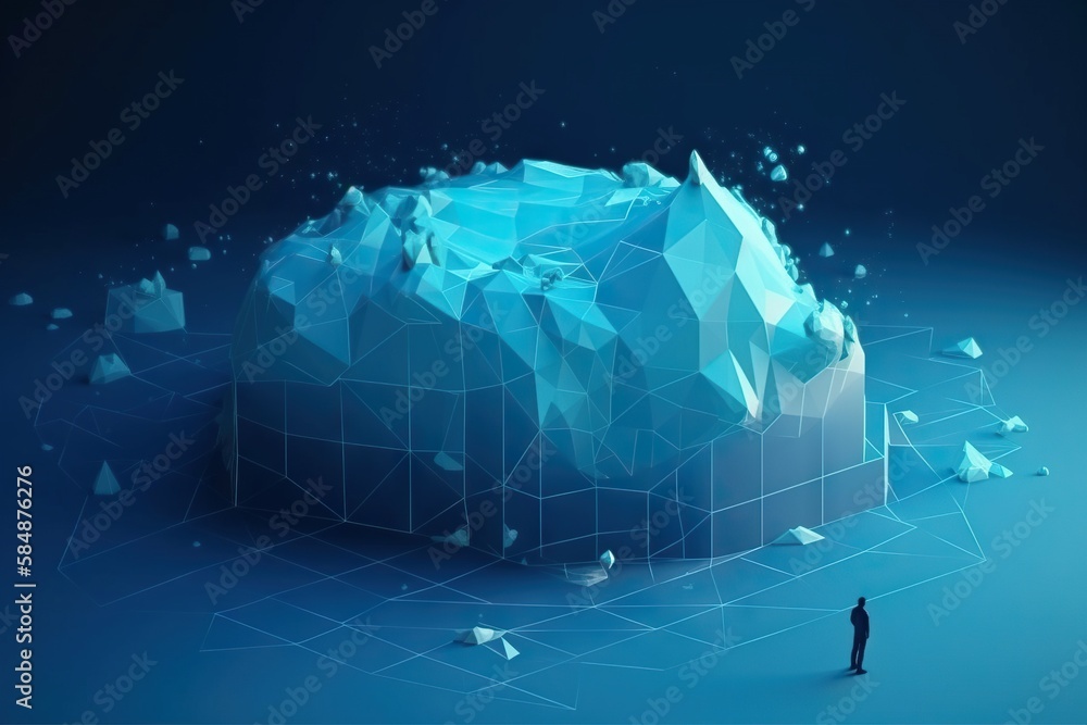 Poster a man standing in front of a large iceberg with a lot of ice on it iceberg animation cloud computing