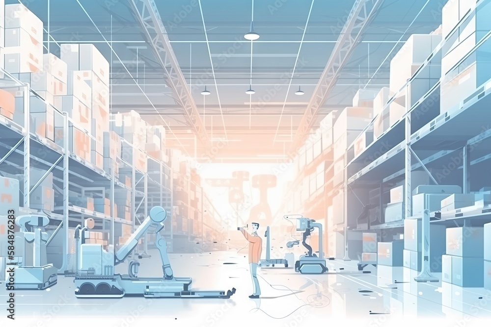 Poster a man standing in a warehouse with boxes on shelves and a robot factory animation supply chain optim