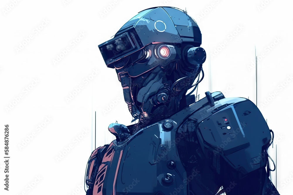 Poster a robot with a helmet and a light on his face is standing military base animation robotics engineeri