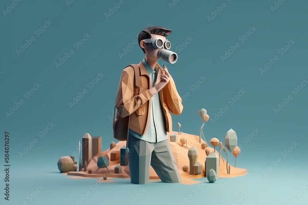 Poster a man with a camera and a dog in his mouth standing in front of a pile of rocks desert environmental