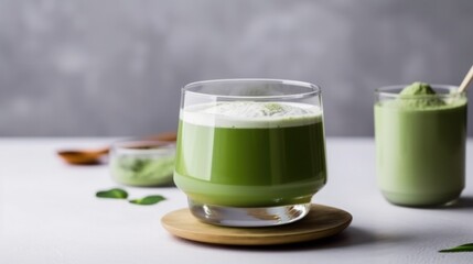 Homemade green matcha tea in glass on white table. Generative AI.