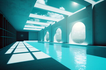 Beautiful swimming pool with contemporary architecture while sunny day. Generative AI illustration