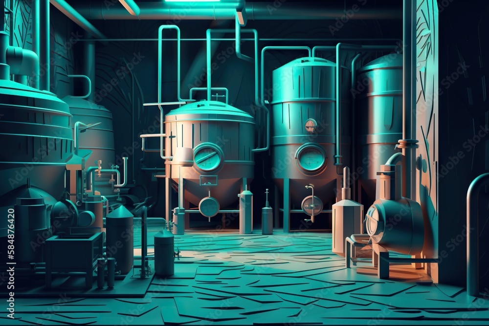 Poster a room with a lot of pipes and tanks in it and a light on factory animation motion graphics