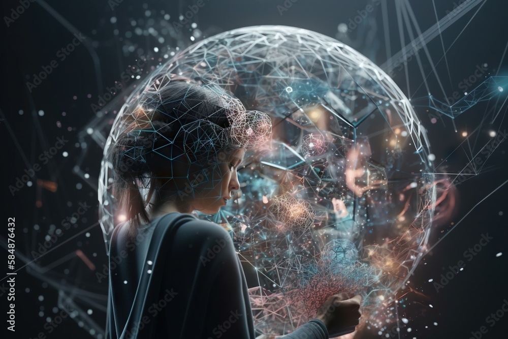 Poster a woman is looking at a sphere with lines and dots on it workshop animation natural language process