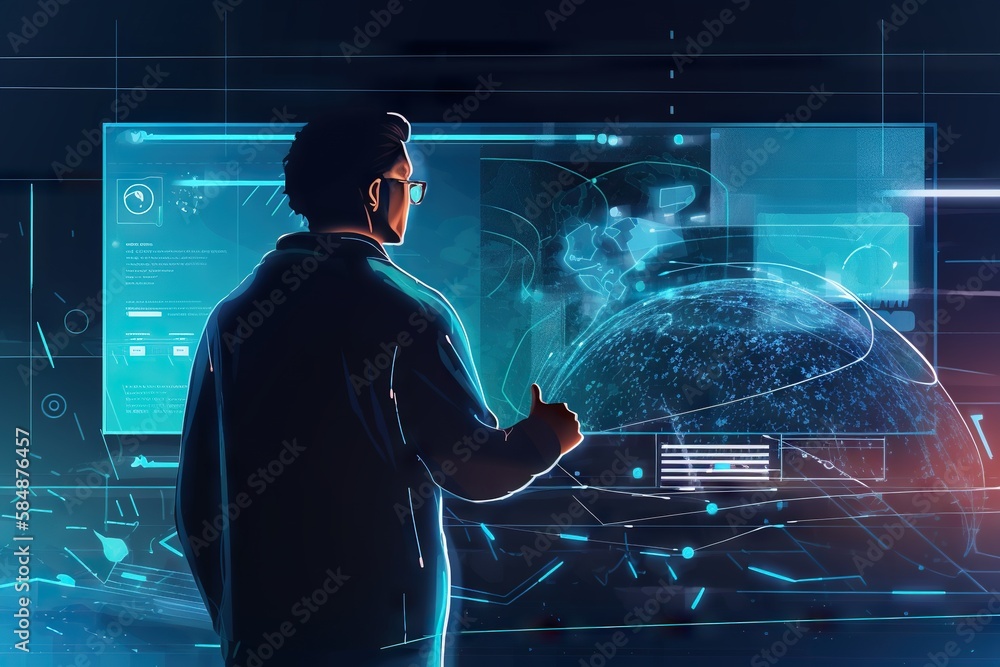 Poster A Man Standing In Front Of A Computer Screen With A Digital Image Of A Planet In The Background Workshop Animation Supply Chain Optimization Generative AI 