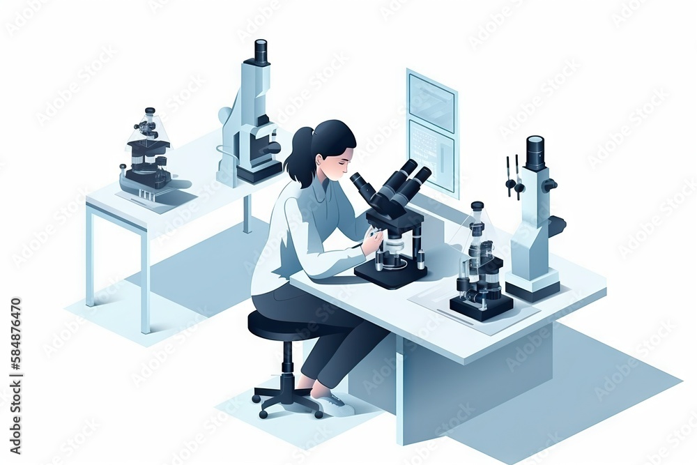 Poster a woman looking through a microscope at a microscope and microscopes workshop advertising photograph