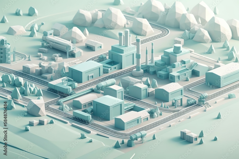 Poster a computer generated city with a train on the tracks and snow covered mountains factory animation mo
