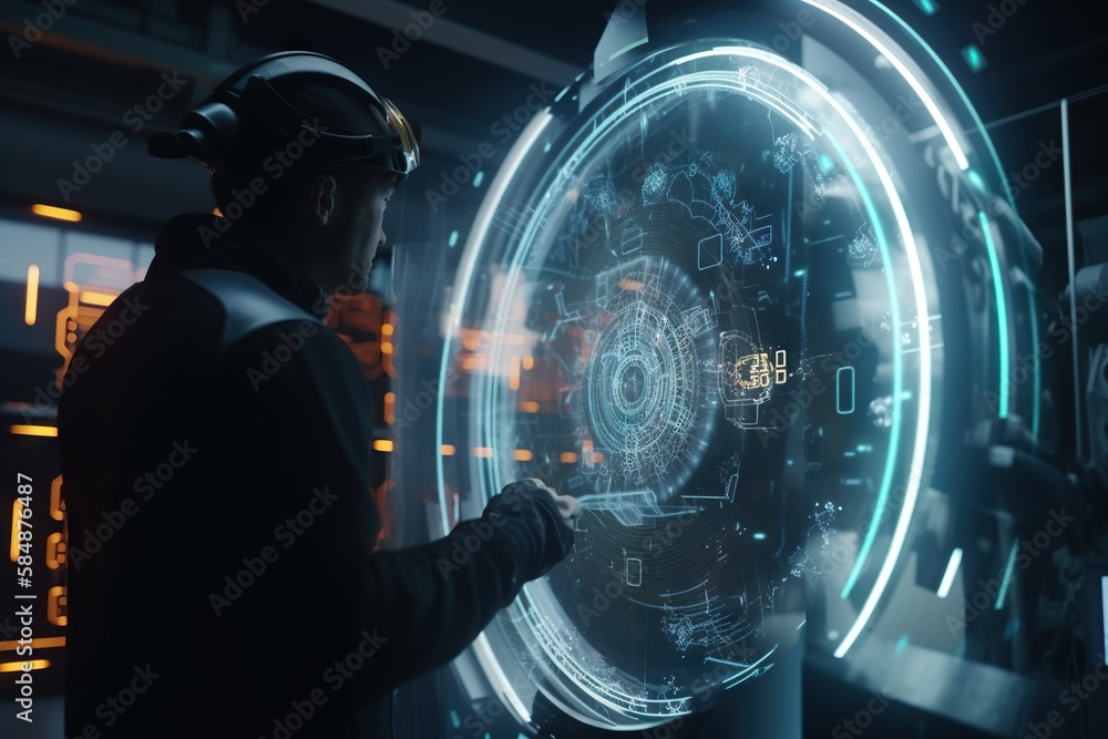 Poster a man in a helmet looking at a futuristic display with a circular design construction site animation