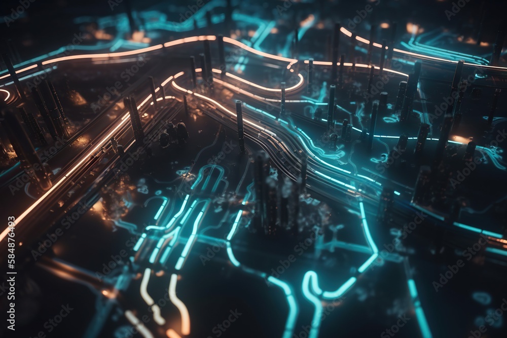 Poster a computer generated image of a city at night with neon lights factory animation motion graphics gen