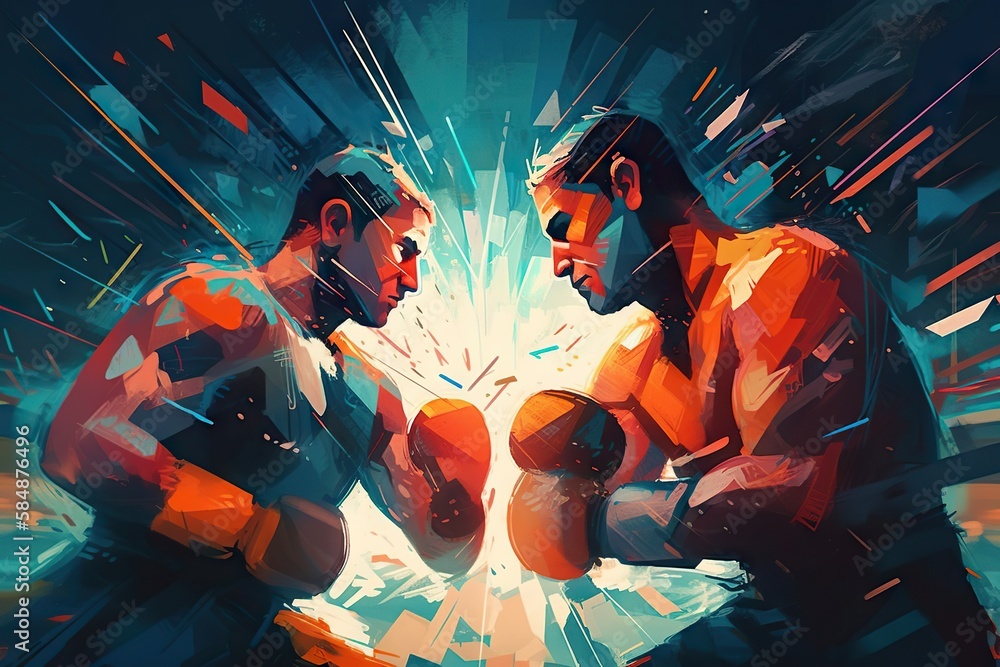 Poster two boxers in a boxing ring with a bright background and a splash of paint boxing gym typography bra