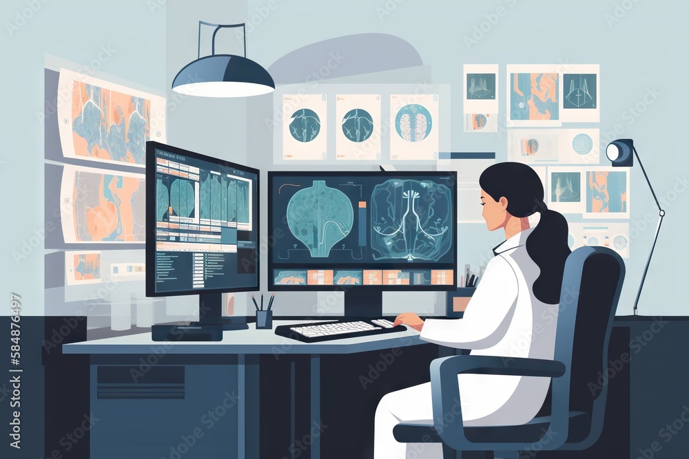 Poster a woman sitting at a desk with two monitors and a keyboard workshop graphic design medical imaging g