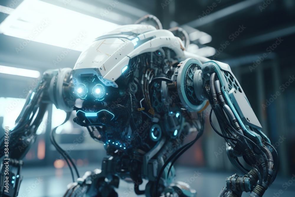 Poster a robot with glowing eyes and a head with wires attached to it junkyard animation robotics engineeri