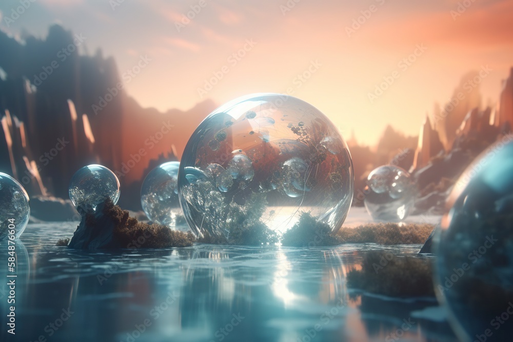 Poster a group of spheres floating in a body of water with a sunset in the background lunar landscape anima