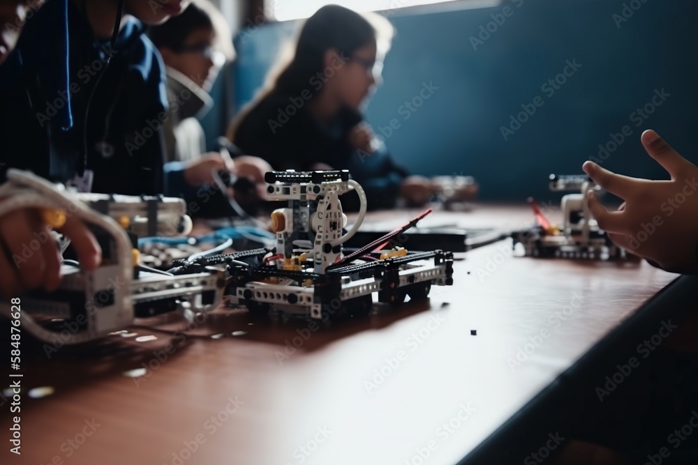 Poster a group of people working on a project with a robot on a table workshop animation robotics engineeri