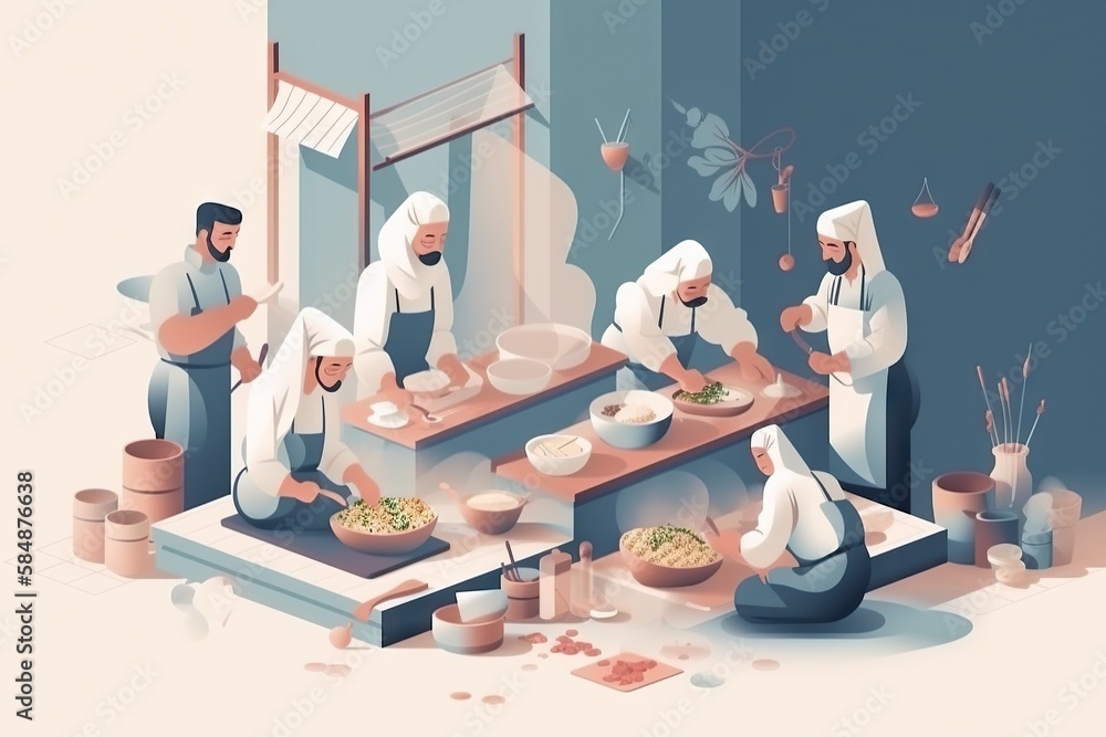 Poster a group of people standing around a table with food on it restaurant animation motion graphics gener