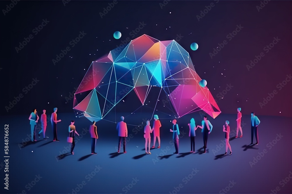 Poster a group of people standing in front of a large object with a geometric design zoo graphic design mot
