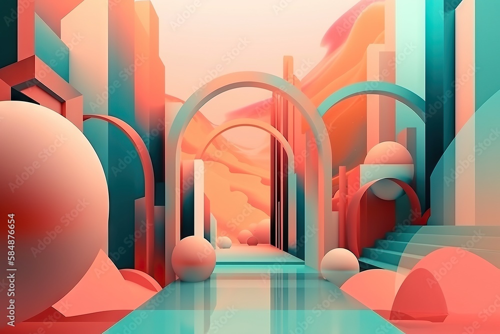 Poster a very colorful and abstract scene with a large arch and a ball canyon art deco motion graphics gene