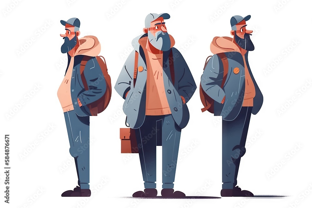 Poster three men with backpacks and hats standing in different poses one with a beard bus station animation