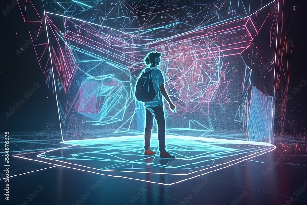 Poster a man standing in a room with neon lights and a neon background arcade animation motion graphics