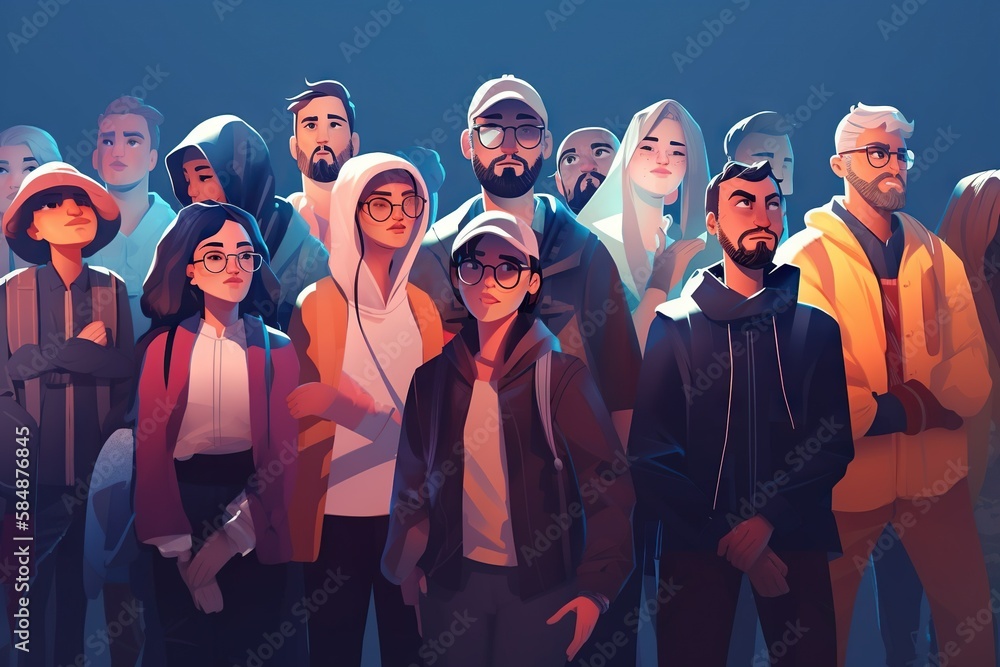 Poster a group of people standing next to each other in front of a blue background subway station animation