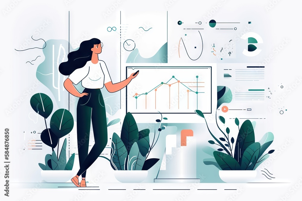 Poster a woman standing in front of a computer screen with a plant growing on it workshop graphic design hr