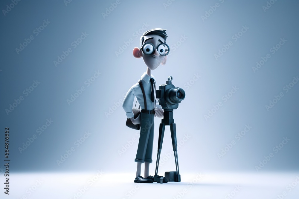Poster a cartoon character holding a camera and a tripod with a lens zoo animation animation filmmaking