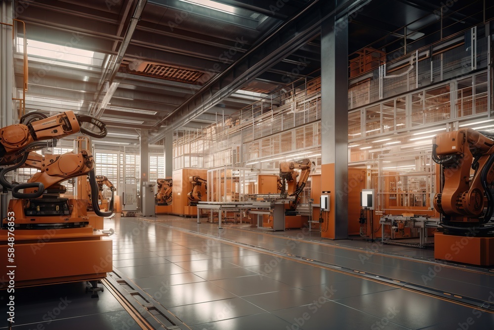 Poster a factory with a lot of machines in it's assembly line factory animation manufacturing planning and 