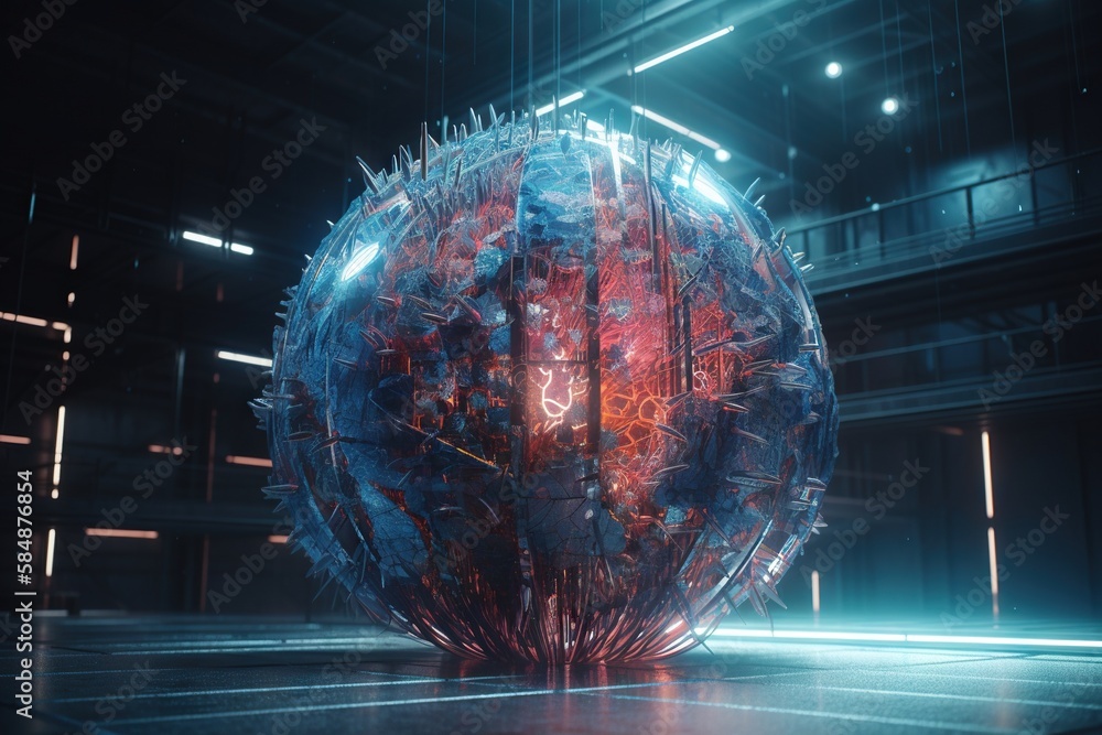 Poster a large ball with spikes on it in a dark room with lights factory assemblage motion graphics generat